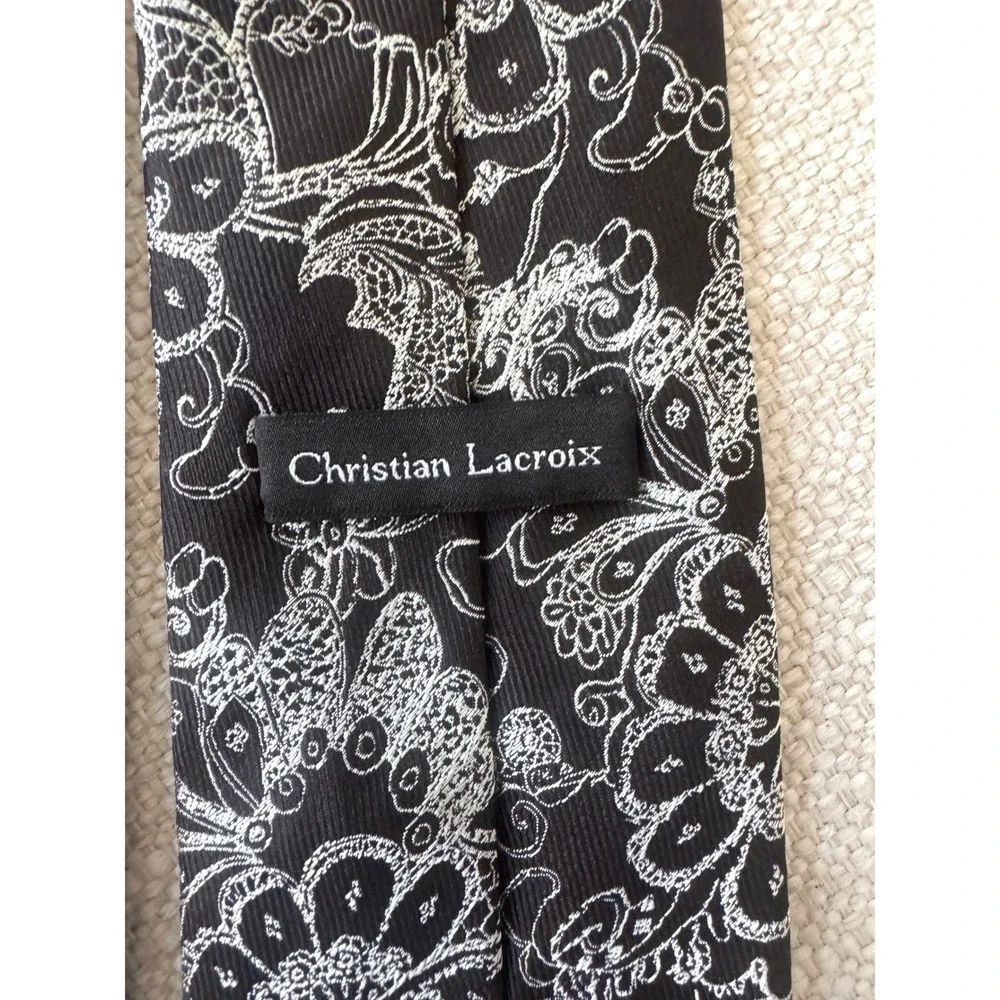 Christian Lacroix Mens Silk Tie Black White Floral Pattern Made in ITALY
